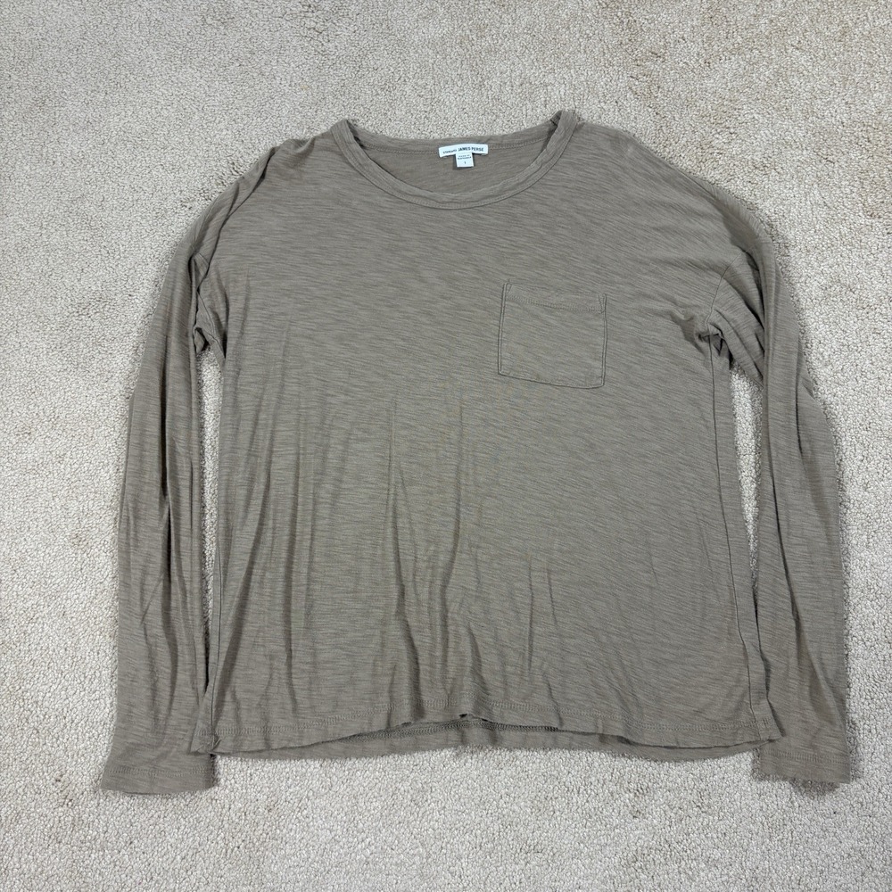 Standard James Perse Tan Relaxed Crew Neck Long Sleeve Pocket Tee Top Size 1/S